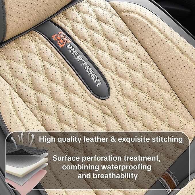 Car Seat Cover Set, Khaki Seat Covers, Automotive Interior Accessories, with Lumbar Support, Premium Nappa Leather, Protect and Upgrade Your Car Interior, Fits Suvs, Pickups, Sedans