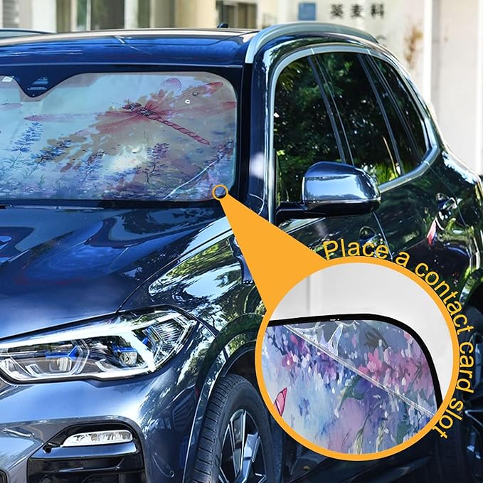 xigua Watercolor Dragonflies Car Windshield Sunshade Foldable Front Window Sun Visor Protector for Car,SUV,Truck - Keep Vehicle Cool,55 x 27.6 Inch