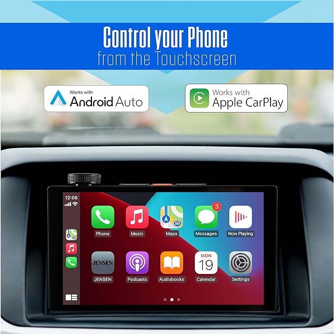 JENSEN J5UP7 7-inch Top Mount Control Touchscreen Receiver with Certified Wireless Apple Carplay Android Auto | Double DIN Car Stereo with Bluetooth | IllumiNITE Custom Colors | Backup Camera Input