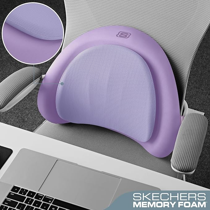 Skechers Lumbar Pillow Premium Memory Foam, Double-Layer-Office Chair Cushion for Tailbone Pain Relief,Butt Pillow for Office Chair,Car seat Cushion,Long Sitting Office Workers,and Car Drivers,Purple