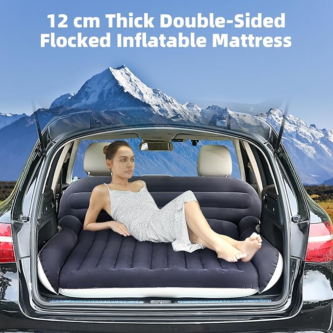 KMZ SUV Air Mattress with 2 Pillows – Thickened and Flocked Car Bed – Portable Travel Pad for Camping & Road Trips – Quick Inflate & Deflate with External Pump – Navy Blue+Light Gray