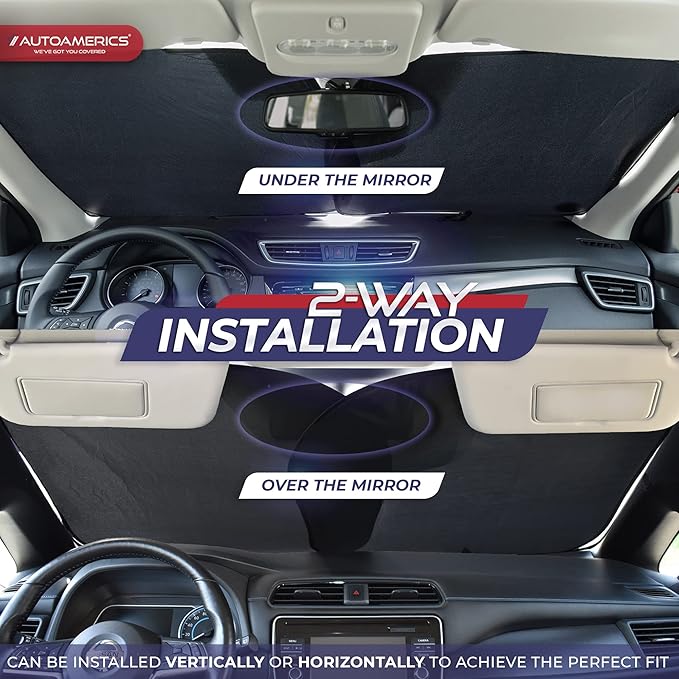 Autoamerics Windshield Sun Shade 2-Piece Foldable Car Front Window Sunshade for Full Size SUV Truck Tesla - Auto Sun Blocker Visor Protector Blocks Max UV Rays and Keeps Your Vehicle Cool - Large Fit