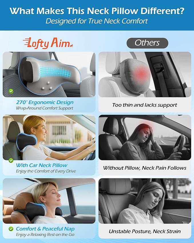 Car Neck Pillow: 2 Pack Ergonomic Memory Foam Headrest Pillow for Driving, Adjustable Neck Support Cushion for Pain Relief, Head Rest Pillows for Car Seat, Truck - Gray & Black