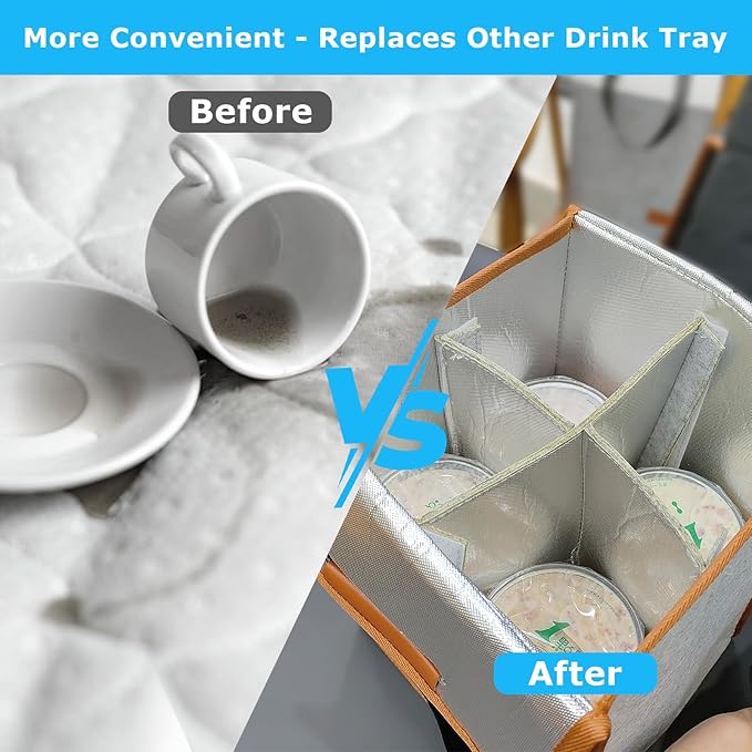 4 Cup Drink Carrier with Handle, Reusable Insulated Cooler Drink Caddy for Car Cup Holder, Foldable Coffee Carrier Bag with Adjustable Dividers, Portable for Car, Travel, Picnic Party, Food Delivery
