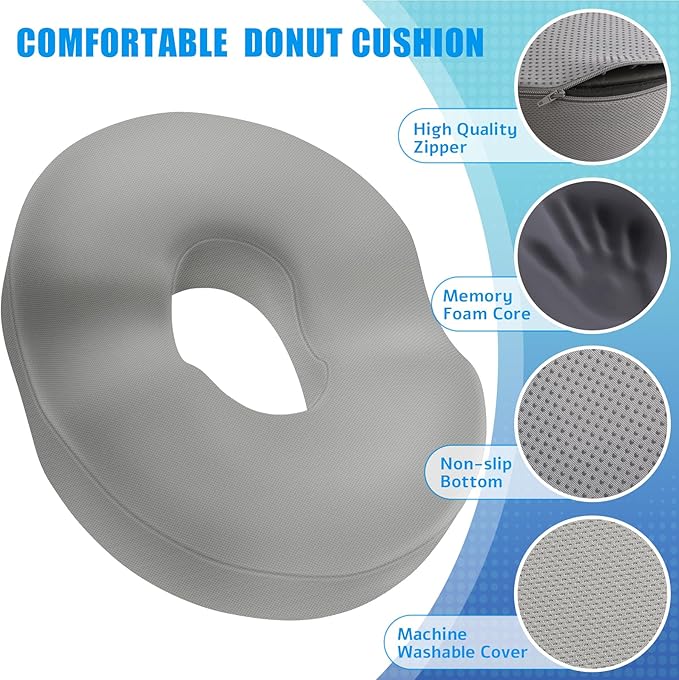 BlissTrends Donut Pillow Seat Cushion, Donut Chair Cushions for Postpartum Pregnancy & Hemorrhoids, Tailbone Pain Relief Cushion, Lifting Cushions for Office & Home Chairs (Light Grey, X-Large)