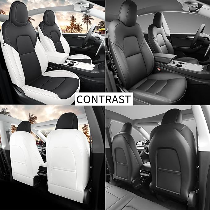 Car Seat Cover for Tesla Juniper Full Set Custom Fit Tesla Model Y Seat Cover 2025 2026 Nappa Leather Seat Protect for Cars (Black+White-Juniper)