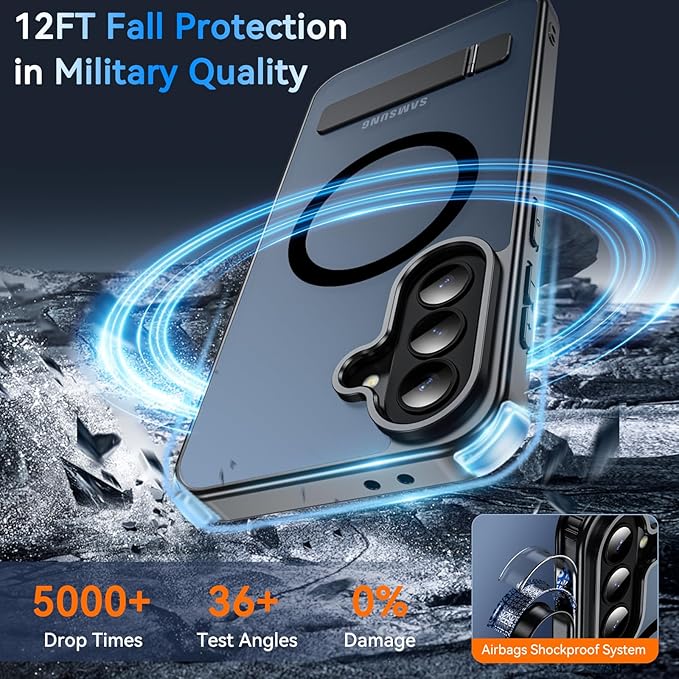 OWKEY for Samsung Galaxy A37 5G Case with Stand, Magnetic Shockproof Case Fit for Magsafe Translucent Matte Cover for Samsung A37, Black