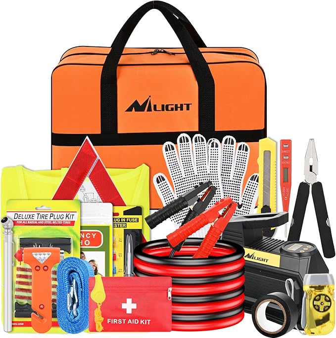 Nilight Car Emergency Kit with Jumper Cable Air Compressor Tire Repair Essential Tools First Aid Alligator Connector Electrical Kit for Travel Camping Outdoor Cars Truck SUV RV