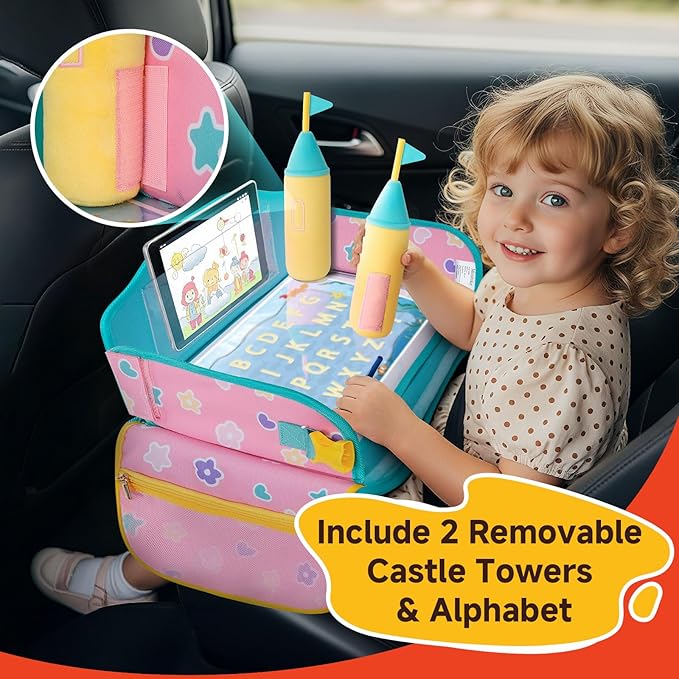MENZOKE Car Seat Tray with 2 Removable Castle Towers, Carseat Tray for Toddler Girls Gifts Age 4–5, Kids Travel Tray for Kids,Foldable Snack Table with Storage Pockets for Road Trip,Pink & Green