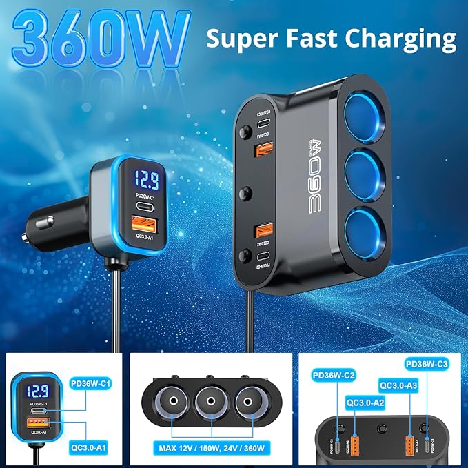 Qidoe 9 in1Cigarette Lighter Splitter,360W 3 Socket Car Charger Adapeter,3*PD&QC 108W,12V/24V Car Socket Adapter with Independent Switches & LED Voltage Display for All Car Devices