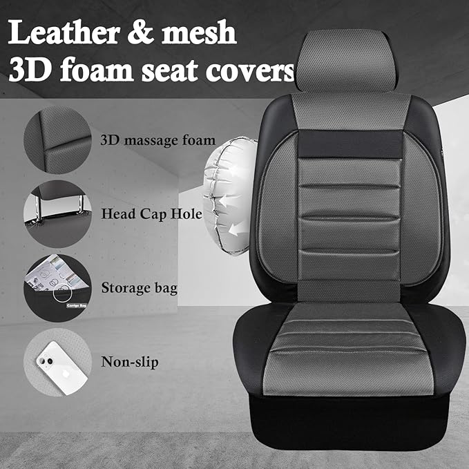 CAR PASS Leather Seat Covers Full Set Universal Water Resistant 3D Foam Back Support, Luxury Comfort Automotive 5 Seat Covers All Season Fit for SUV,Sedan,Van, Airbag Compatible Elegance(Gray Black)