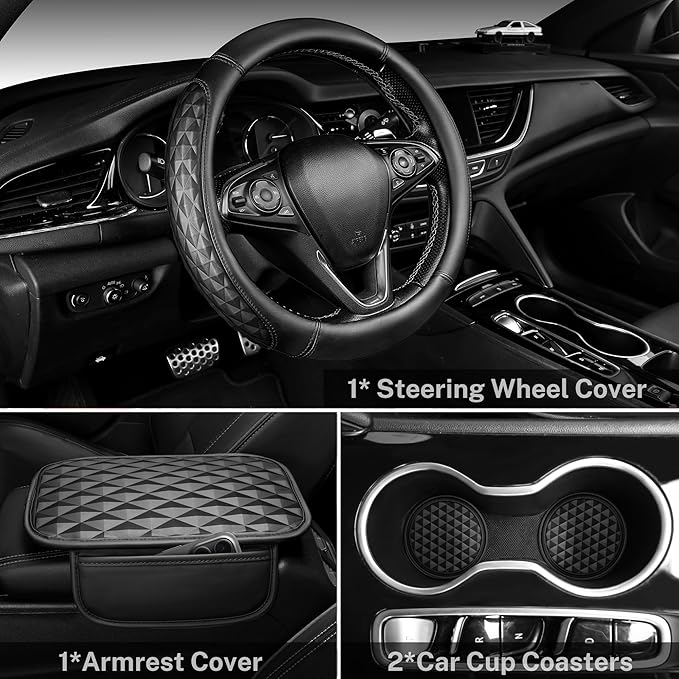 CAR PASS 3D Memory Foam Leather Car Steering Wheel Cover Set, Comfortable Rhombus Leather Center Console Armrest Cushion with Storage Bags Non-Slip 14.5-15in Car Interior Covers Sets, 4 PCS All Black