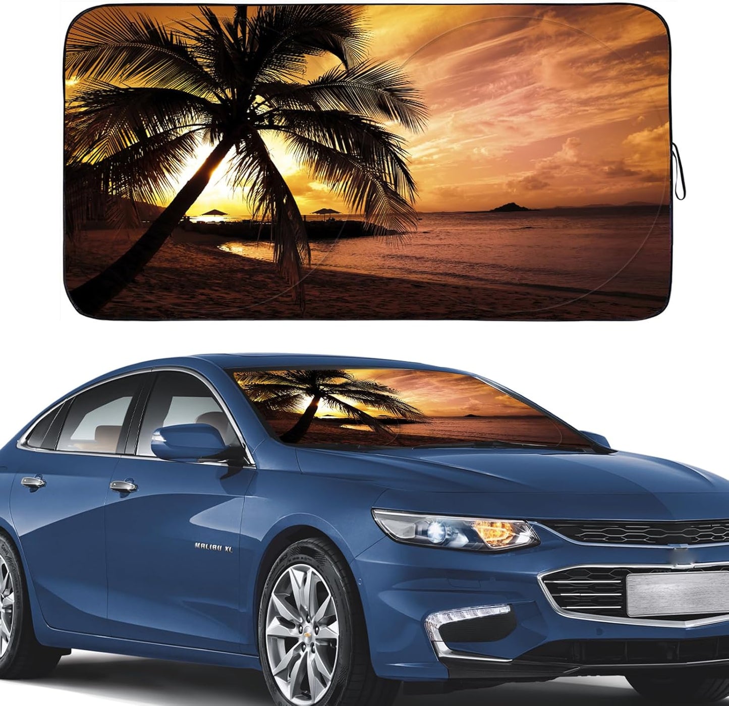 Gven Windshield Sun Shade, Vehicle Car Sun Shade Windshield Funny Yellow Beach Foldable Car Sunshade for Trucks SUV Cars Blocks UV Rays Keep Your Vehicle Cool (Yellow Sunset, S)