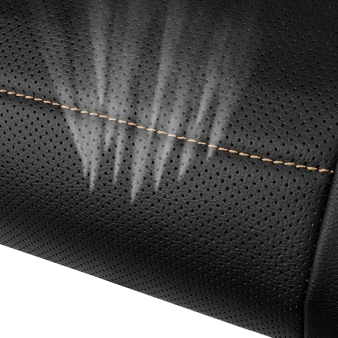 CAR PASS Universal FIT Piping Leather Two Front Seat Covers, Waterproof Faux Leather for SUV Sedan Van Truck, Airbag Compatible,Reserved Opening Holes for Headrest Covers. (Black and Beige)
