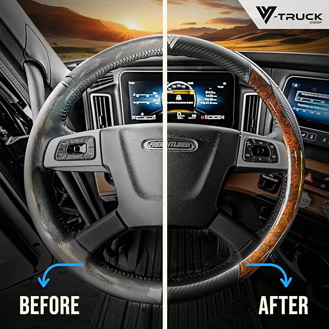 18-Inch Genuine Leather Steering Wheel Cover for Semi Trucks – Wood Grain & Carbon Fiber Design, Anti-Slip Grip, Cold-Resistant, Universal Fit for Heavy-Duty 18″ Wheels