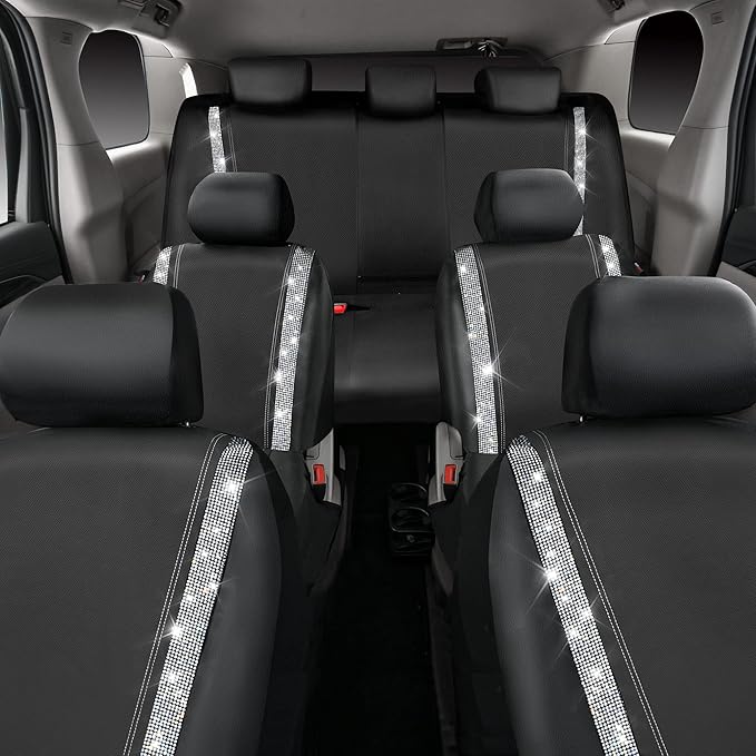 CAR PASS Bling Diamond Car Seat Covers, Shining Rhinestones Waterproof Faux Leather, 7 Seats 3 Rows with Zipper Glitter Crystal Sparkle Strips Universal Fit 95% MPV,SUV,CAR for Women Girl, Silver