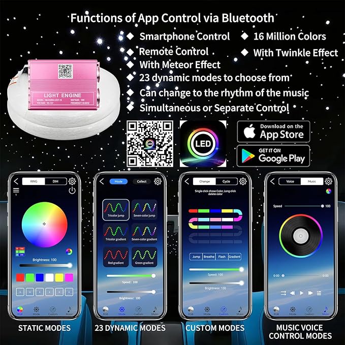 Upgraded Starlight Headliner Kit 16W Twinkle + Meteor All in One Fiber Optic Lights, APP & Remote Control Music Effect,1200pcs (0.03 * 0.04 * 0.06in)*9.8ft Star Lights for Car Jeep Hotel