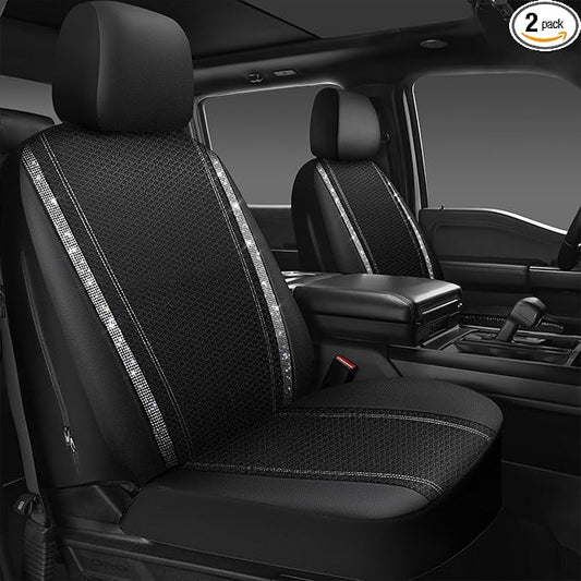 CAR PASS Memory Foam Mesh Bling Diamond Car Seat Cover 2 Front Seat Breathable Soft Sponge Universal Shining Glitter Sparkly Crystal Fit Armrest Automotive Truck SUV Cute Women Girl, Silver Rhinestone