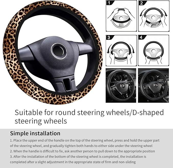 Car Steering Wheel Cover, Universal 15 Inch Neoprene Non-Slip Steering Wheel Covers, Funny Car Accessories for Women Men Fit Auto, Suvs, Truck Cute Brown Leopard