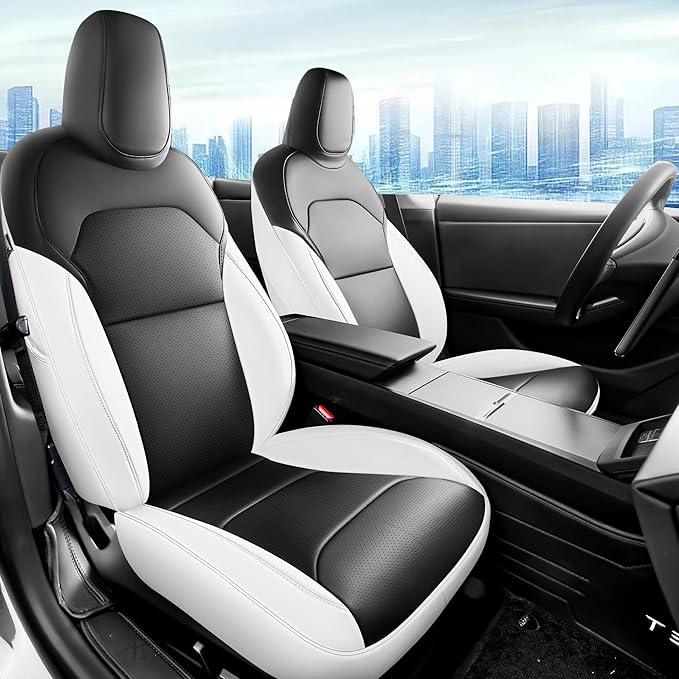 for Tesla Model 3 Seat Cover 2024 2025 Long Range (Not for Performance) Waterproof Nappa Leather Seat Cover Full Set for Tesla Model 3 (T3-Black+White 24-25)