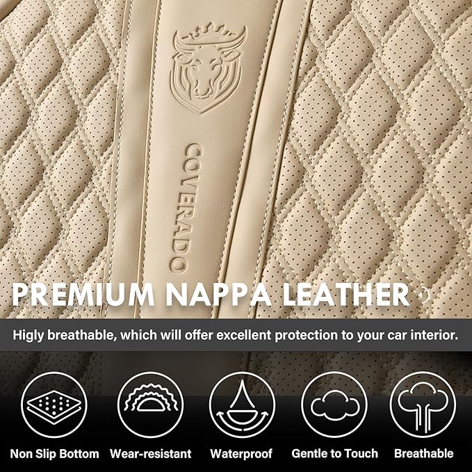 Coverado Front Seat Covers, Car Seat Covers Front Seats, Nappa Leather Seat Covers for Cars, Waterproof Seat Covers with Lumbar Support Universal Fit for Most Cars SUV Trucks (Front, Beige)