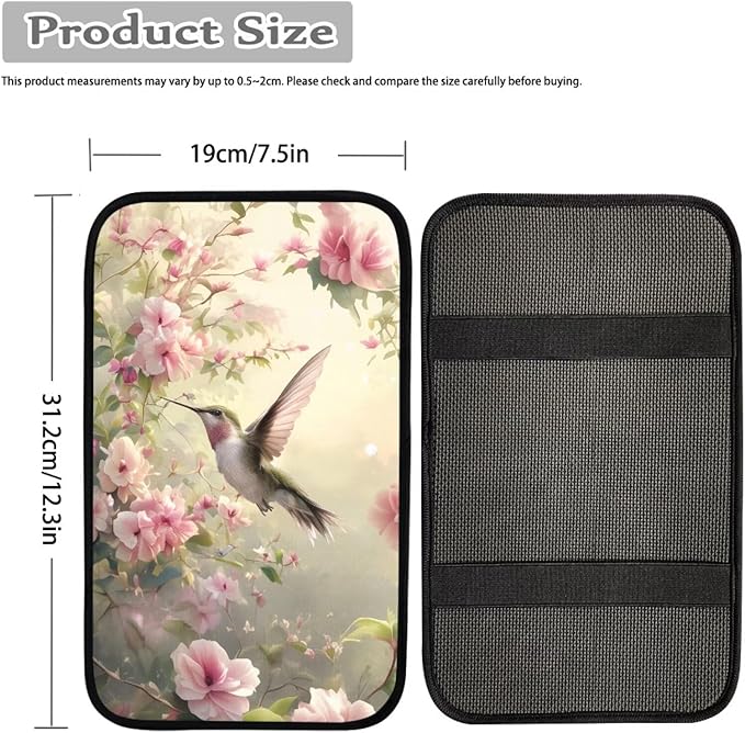 Flower Hummingbird Armrest Cover Pad for Car Soft Car Center Console Cushion Pad, Protect from Pet Claws, Sticky Fingers, Hummingbird Automotive Accessories