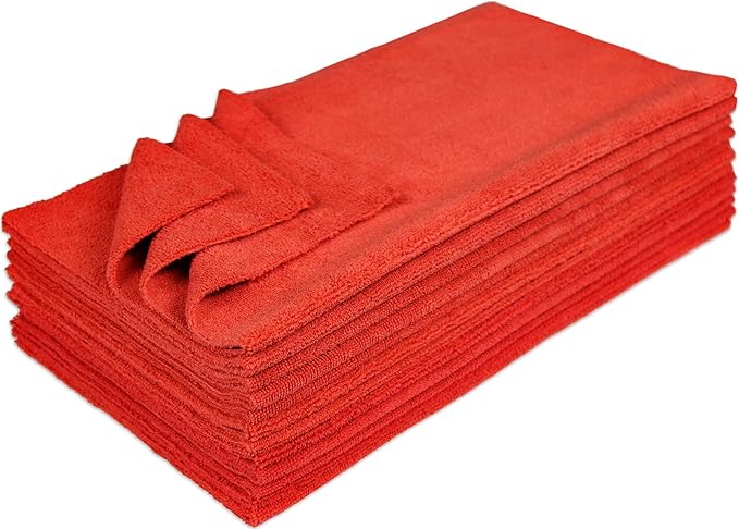 Eurow Ultrasonic Cut 300 GSM Microfiber Cleaning Towels, Streak-Free, Lint-Free, Ultra Absorbent, Scratch-Safe, for Auto Detailing, Home, Kitchen & Multipurpose Use, 16x16, 12-Pack, Red