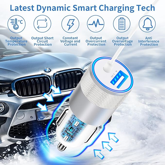 【MFi Certified】iPhone Fast Car Charger, Caiinei 4.8A Dual USB Power Cigarette Lighter iPhone Car Charger Fast Charging Adapter + 6FT Lightning Cable for iPhone 14 13 12 11 Pro Max XS Mini XR X SE iPad