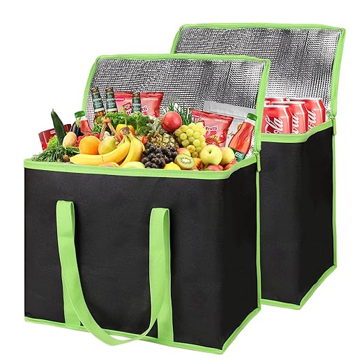 CIVJET 2-Pack Insulated Reusable Grocery Bags, X-Large Insulated Food Delivery Bag for Delivery Drivers, Commercial Food Warmer for Shopping, Tote Cooler Bags, Black with Green Edge