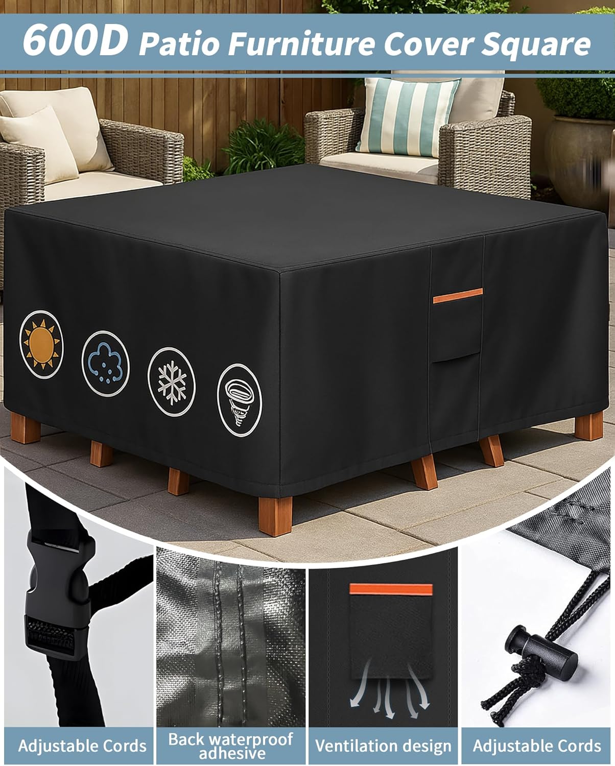 Outdoor Waterproof Furniture Cover, 62W x 62L x 28H inches Heavy Duty 600D Square Table and Chair Set Protection, Black