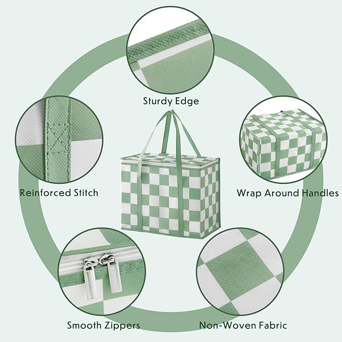Checkered Insulated Grocery Bags 2 Pack, Checkerboard Cooler Shopping Bags for Groceries, Insulated Bags for Food Delivery