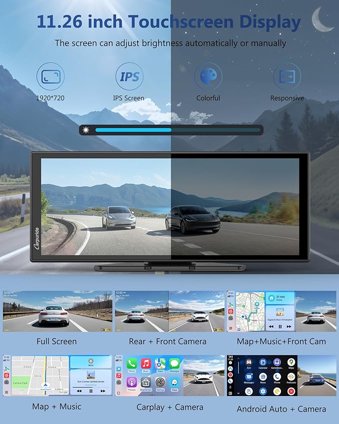 Carpuride Carplay Screen for Car with 4K Dash Cam & 1080P Backup Camera 11.26" Portable Car Play Touchscreen Wireless Carplay & Android Auto, Loop Recording, Voice Control, GPS Navigation, Mirror Link
