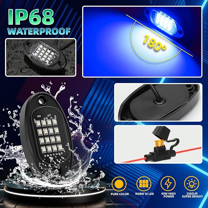 16 Pods RGB LED Rock Lights for Semi Trucks Offroad Pickup Trailer Sedan, Segmented Change Color Underglow Lights Kit with APP/RF Control, 12V Waterproof Neon Multicolor Vehicle Underbody Light
