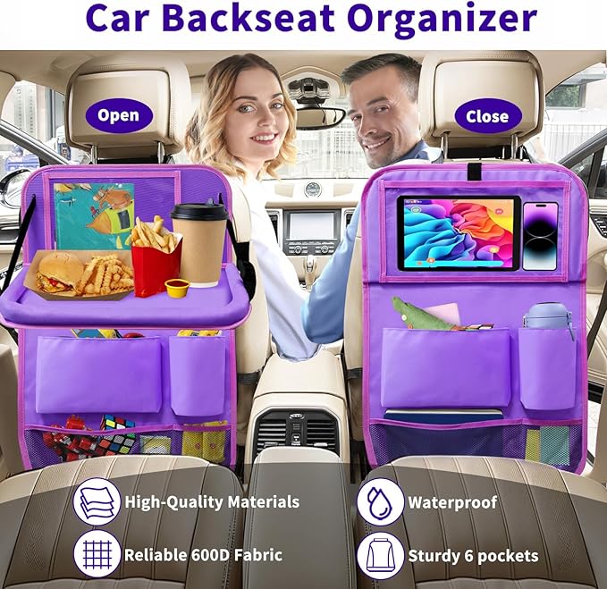 Car Backseat Organizer with Tray, Seat Back Table Holder with 6 Storage Pockets, Car Seat Back Protectors Kick Mats Travel Accessories, 1 Pc Purple