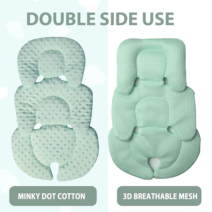 Infant Carseat Insert, 2-in-1 Reversible Baby Car Seat Cushion for Newborn Toddler Head & Body Support Car Seat Pad for Carseats, Strollers, Swings, Bouncers, Green