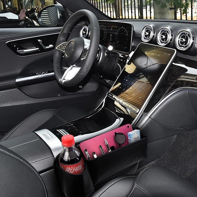 2 Pack Car Seat Gap Filler Organizer with Cup Holders,Premium Leather Storage for Phones, Keys, Wallets, and Drinks, Universal Fit for Front Seat