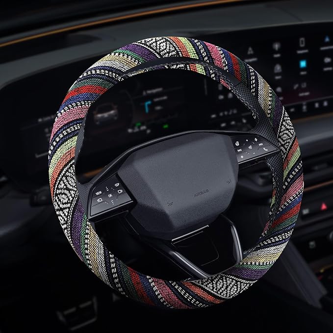Boho Steering Wheel Cover, Steering Wheel Cover Women, 15 inch Hippie Style Protector Covers, Universal Ethnic Flax Cloth Car Accessories Universal for SUV Van Truck (Hippie-B)