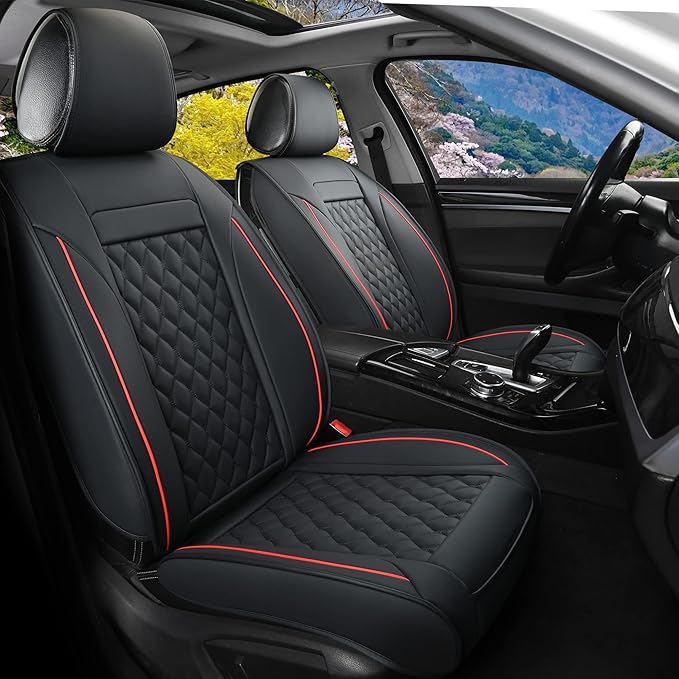 Car Seat Covers Front Pair,Universal Fit for Most Cars,SUV,Sedans and Pick-up Trucks,Automotive Faux Leather Vehicle Cushion Covers(Front Pair,Black/Red)