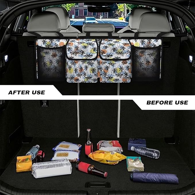 Palm Print Trunk Hanging Organizer, Backseat Bag, Car Interior Accessories with 2 Pockets & 2 Mesh Pouches for Groceries, Will Provide More Storage Trunk Space for SUV, Jeep, MPVs
