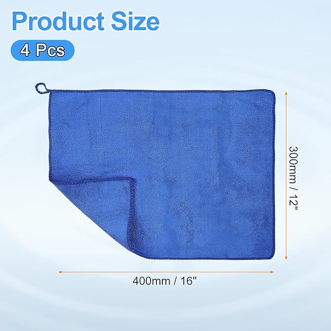 HARFINGTON 4 Pack Microfiber Cleaning Cloth, 16" x 12" Multi-Functional Cleaning Towels Reusable Absorbent Rags with Hook for Car Wash Kitchen Household Window Clean, Sapphire Blue