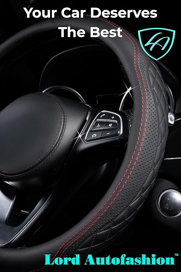 Lord Autofashion Steering Wheel Cover – PU Leather, Non-Slip Rubber Inner, All-Season Comfort – 14.5–15 Inch (Black/Red 9366)