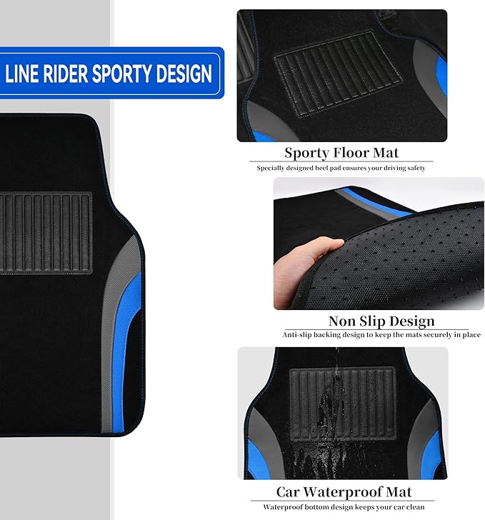 CAR PASS Leather Car Seat Covers Full Set with Waterproof Car Floor Mats,Airbag Compatible,Automotive Interior Covers for Cars,Sedans,Trucks,Vans,SUV with Car Carpet Mats(Black and Blue)