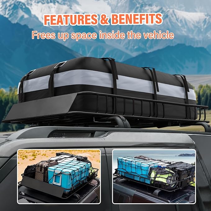 Heavy Duty Universal Rooftop Cargo Carrier Roof Rack, 64"x36"x5" Roof Rack Basket with 20 Cu.Ft Waterproof Bag, for SUV, Truck and Van, 250lbs Capacity, Corrosion Resistant (ROOF 64" and Bag)