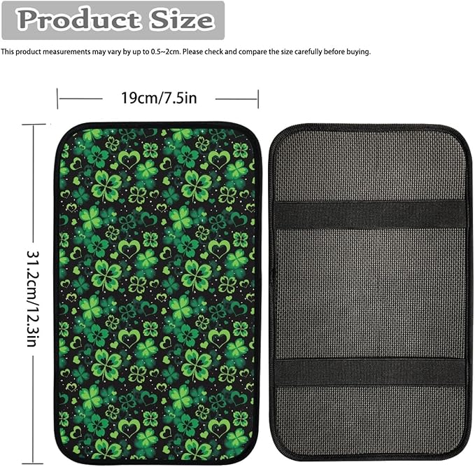 UNICEU St Patrick's Day Decor Automobile Interior Decor Lucky Green Leaf Print Armrest Cover for Women, Soft Car Center Console Armrest Protector Cover Pad
