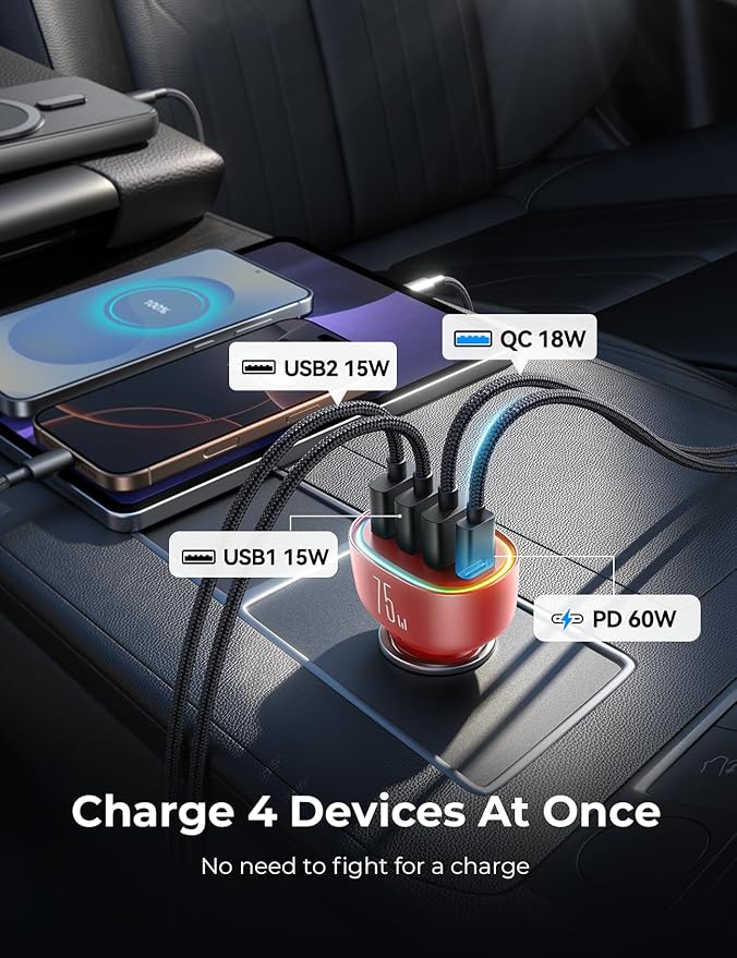 75W Car Charger USB C, 4 Port Super Fast Cigarette Lighter USB Charger, Type C 60W & QC 3.0 Multiport Car Phone Adapter Accessories for iPhone 17/16/15/14/13/12 Pro Samsung S26 Series, Android, Red
