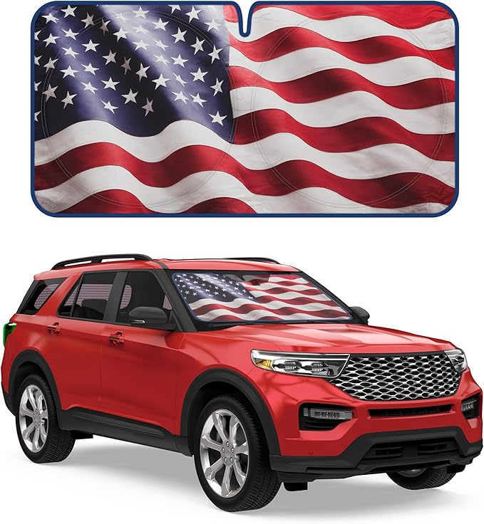 Motor Trend USA Americana Flag Car Windshield Sun Shade for Front Window, Foldable Car Sun Shade with Patriotic Graphic, Collapsible Sun Visor Sunshade for Cars Windshield (Large, 69 x 35 inches)