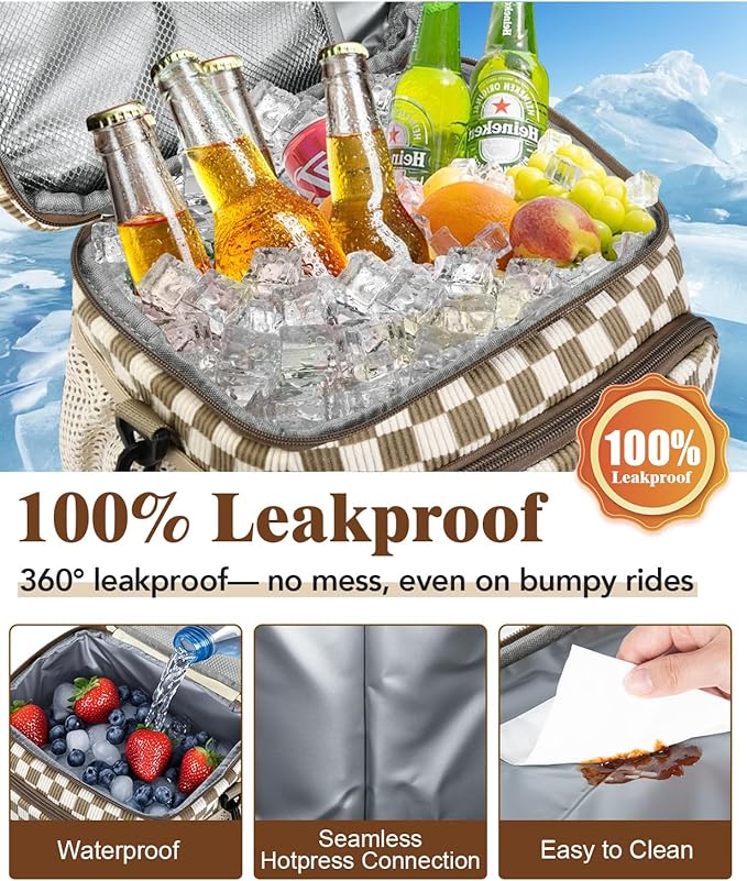 Insulated Lunch Bag for Men & Women, 9L Leakproof Lunch Box Soft Cooler Tote with 5 Pockets, 600D Oxford, EVA Lining, Adjustable Strap for Work, Picnic, Beach&Travel-Corduroy Khaki Checkered