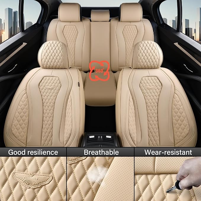 Coverado Automotive Seat Covers, Car Seat Covers Full Set, Beige Car Seat Cover, Car Seat Cushion Waterproof, Front Seats Back Seat Covers, Car Seat Protector Universal Fit Most Cars