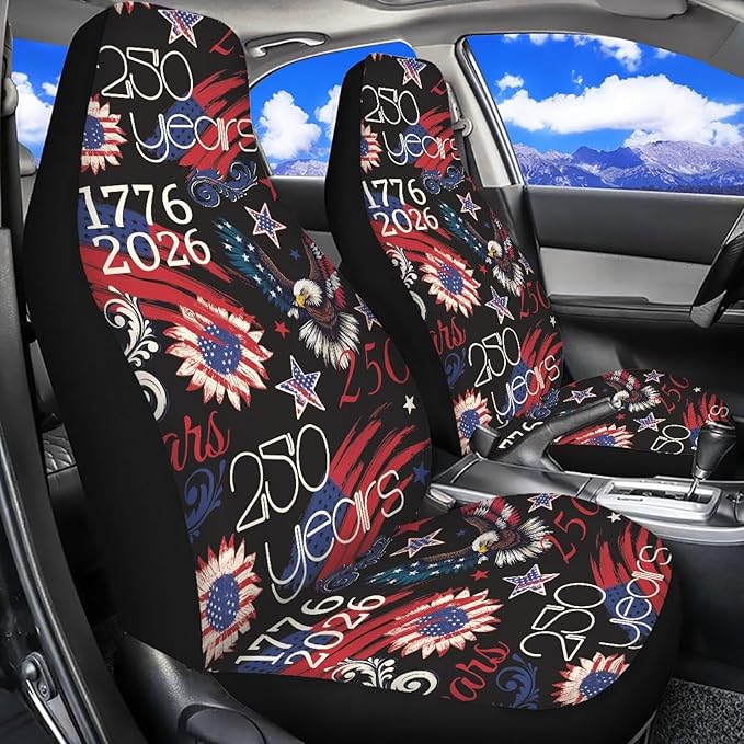 ELEQIN 250 Patriotic American Flag Car Front Seat Covers, 2 Pack Polyester Automotive Seat ProtectorsSoft & Breathable, Automotive Interior Accessories for Most Cars