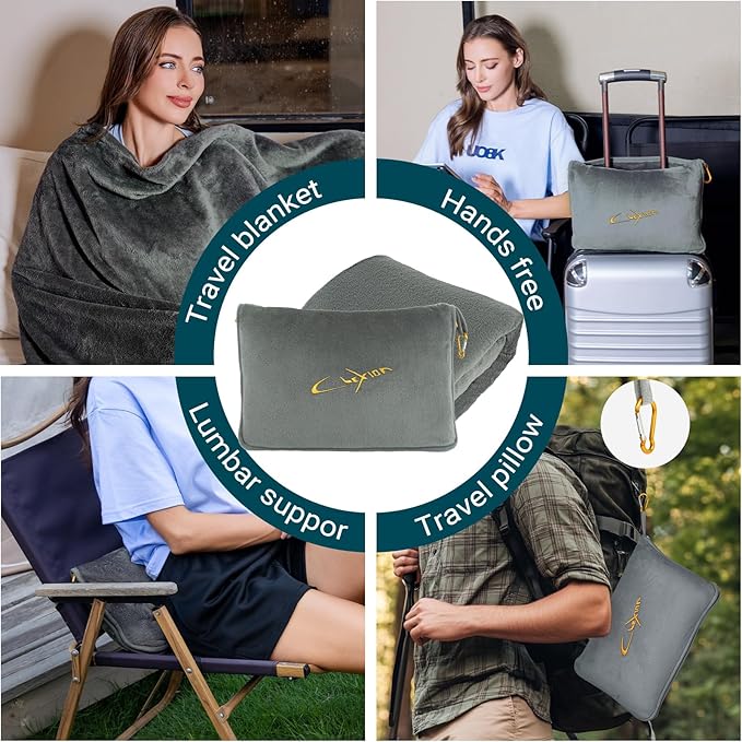 Travel Blanket and Pillow Set for Airplane, 300 GSM Soft Fleece Compact Travel Blanket with Inflatable Pillow and Carry Bag, 60x43 Inches, Grey